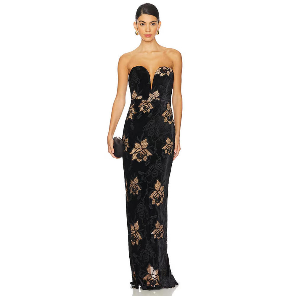 REVOLVE Viola Gown SAU LEE Black velvet lace boned bodice size 2 NWT $650MSRP